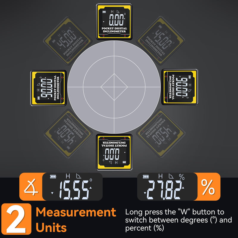 Preciva Magnetic Digital Angle Finder,Pocket-Sized 1.42″ 4-Sided Inclinometer with Backlit LCD,±0.2° High Precision,USB‑C Rechargeable,IP54 Waterproof for Construction,Metalworking&DIY Projects