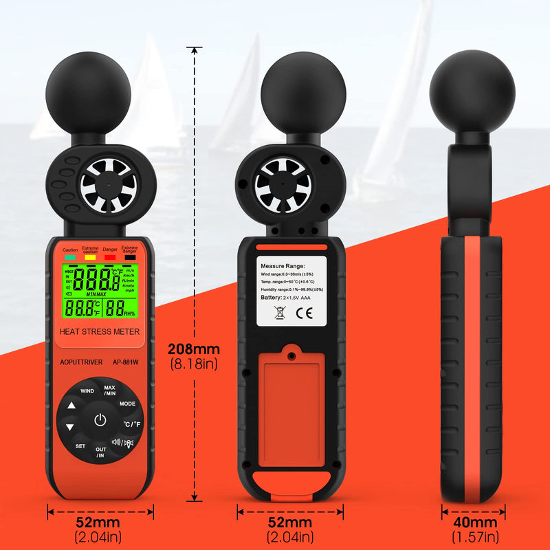 AOPUTTRIVER Anemometer AP-881W Hand Anemometer with Wind Speed/Temperature/Humidity/WBGT Alarm for Drone Flight, Hunting, Sailing