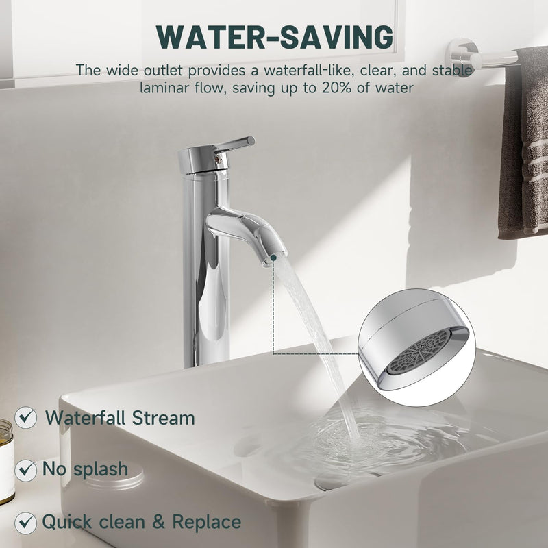 Chrome Bathroom Faucet, Greenspring Vessel Sink Faucet One Hole Single Handle Sink Faucets Modern Commercial Lavatory Vanity Bowl Faucets with Supply Line, Brass, Tall Body Chrome High-No Drain Set
