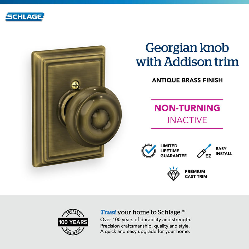 SCHLAGE Georgian Knob with Addison Trim Non-Turning Lock, Antique Brass (F170 GEO 609 ADD) One Sided Non Turning