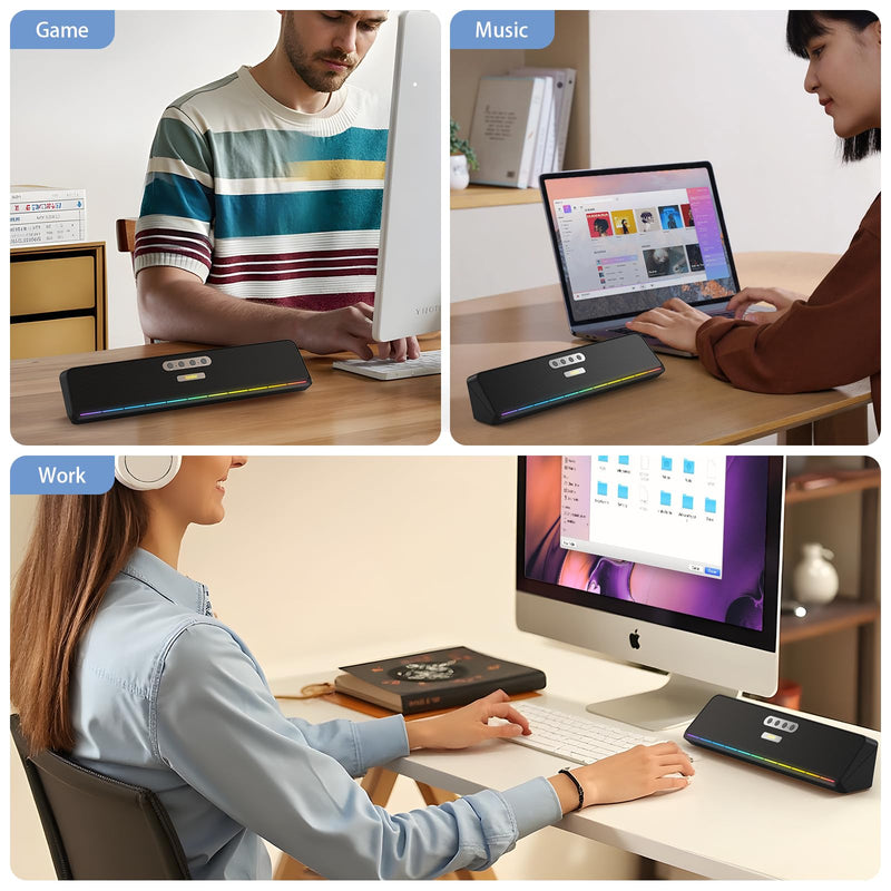 Desktop Computer Speakers for Laptop Tablet, Wired USB Mini Sound Bar Speaker with Stereo Sound, Vibrating Diaphragms, Flowing LED, Plug-n-Play PC Speakers Computer Sound Bar, Bluetooth & USB Input
