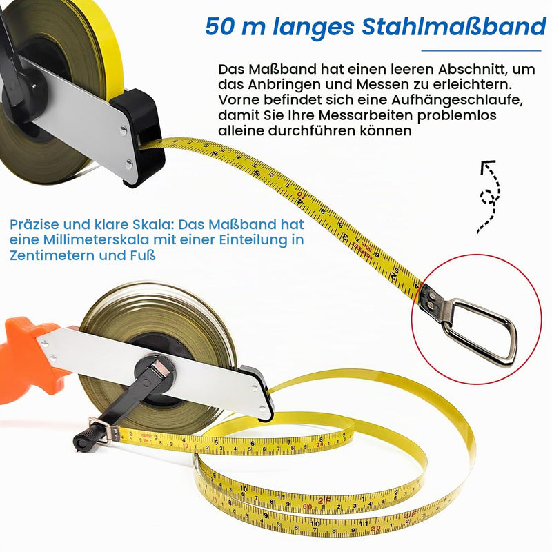 50m Steel Tape Measure with Ergonomic Handle | 50 m long steel tape measure in roller housing for longer distances during construction, land and surveying work. 1