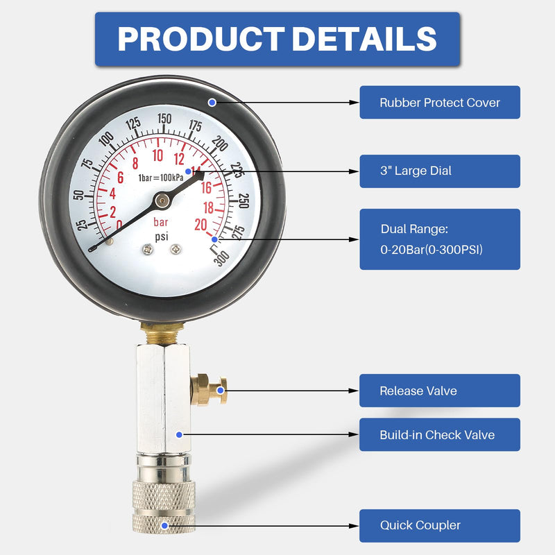 DASBET 8PCS Petrol Engine Cylinder Compression Tester Kit | Compression Tester kit Engine Cylinder Pressure Gauge for Petrol Gas Engine Automotive Tool Gauge 0-300 PSI for Cars Motorcycles (Blue) Blue