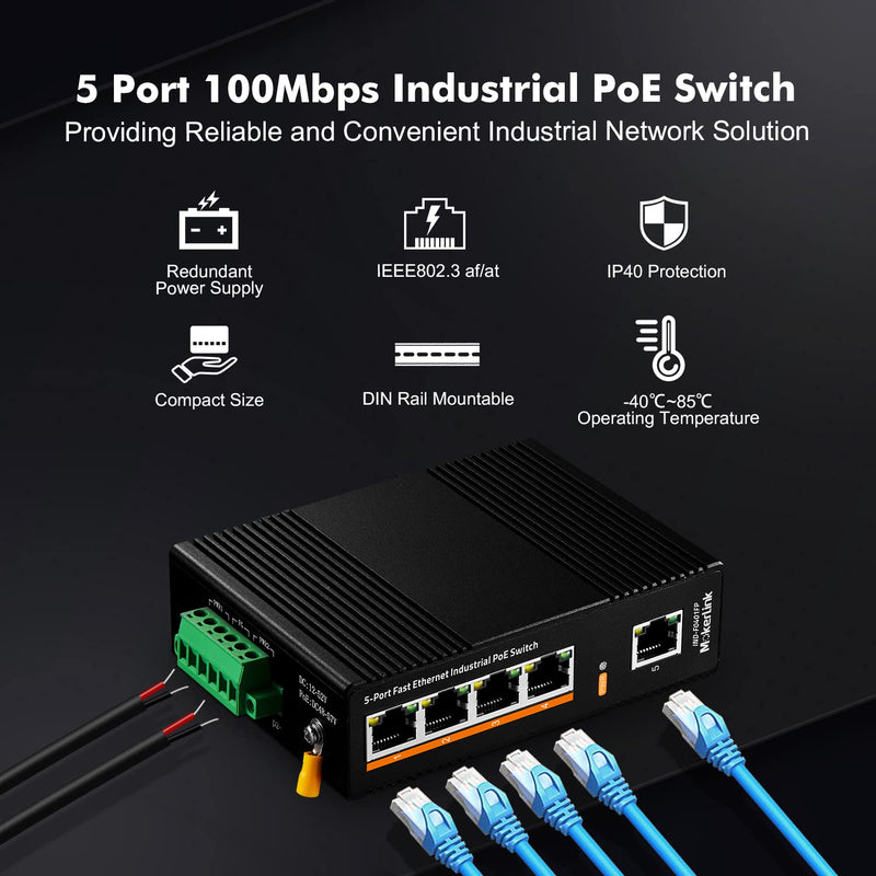 MokerLink 5 Port PoE Industrial DIN-Rail Network Switch, 60W IEEE802.3af/at PoE Power, 10/100Mbps Fast Ethernet, IP40 Rated Network Switch (-40 to 185°F), with UL Power Supply 5*100M POE