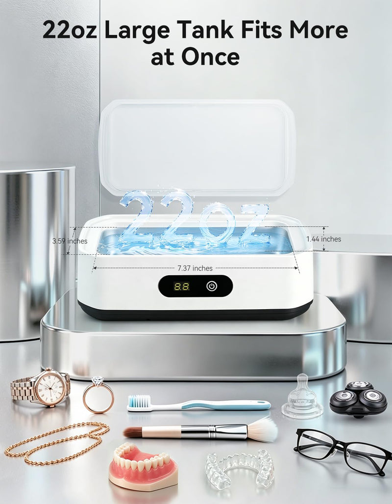 Ultrasonic Jewelry Cleaner, 22oz 49kHz Cleaner for Retainer, Eyeglasses, Watches and Rings, 304 Stainless Steel Tank, Digital Timer, 5 Cleaning Modes, Gift for Mom, Bride or Dentists M