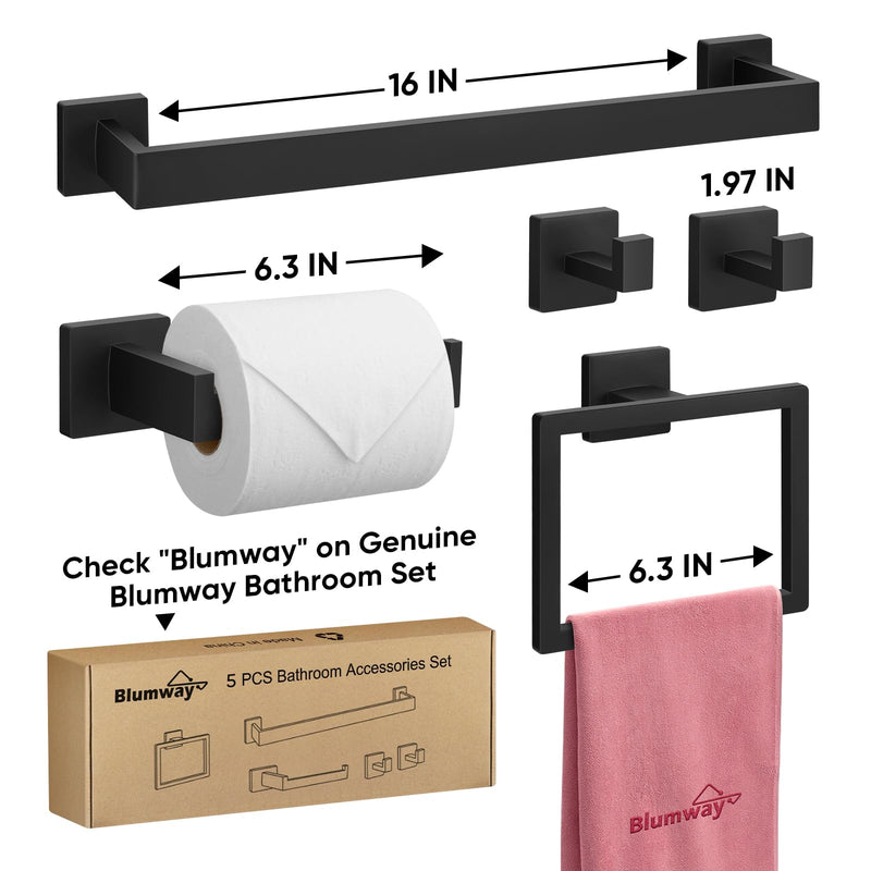 BlumWay 5-Pieces Matte Black Bathroom Accessories Set, 16 Inch Bathroom Hardware Set, SUS304 Stainless Steel Bath Towel Bar, Toilet Paper Holder,Towel Racks for Bathroom Wall Mounted 5 Pcs 16 Inch
