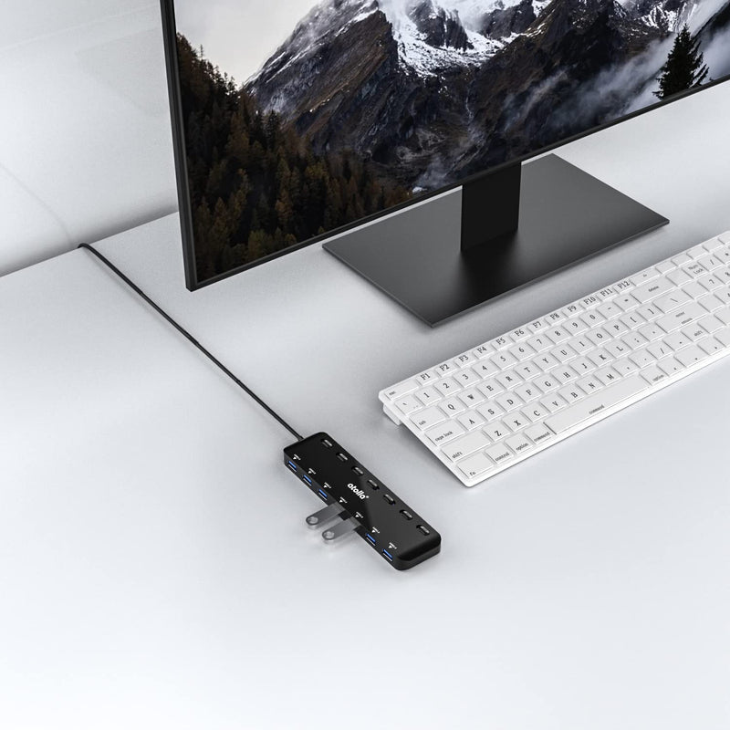 atolla 7-Port USB 3.0 Hub Splitter, USB Extender Ultra Slim Data USB Hub with Individual Power Switch and LEDs Black