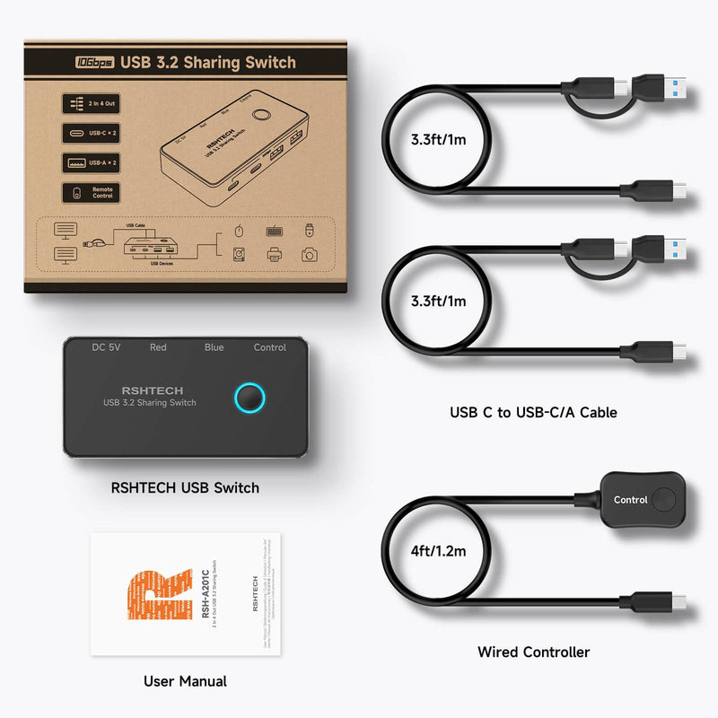 RSHTECH USB 3.2/USB C Switch 10Gbps 2 Computers Share 4 USB 3.2 Ports(2 USB-A+2 USB-C), USB Switcher Selector with 2 Cables and Controller for PC Laptop Keyboard Mouse USB 3.2 Switch