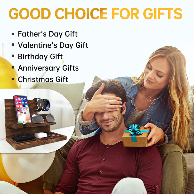 Birthday Gifts for Men Valentines Day Gifts for Men Gift for Dad Wood Phone Docking Station Organizer Wood Bedside Desk Organizer Carbonization