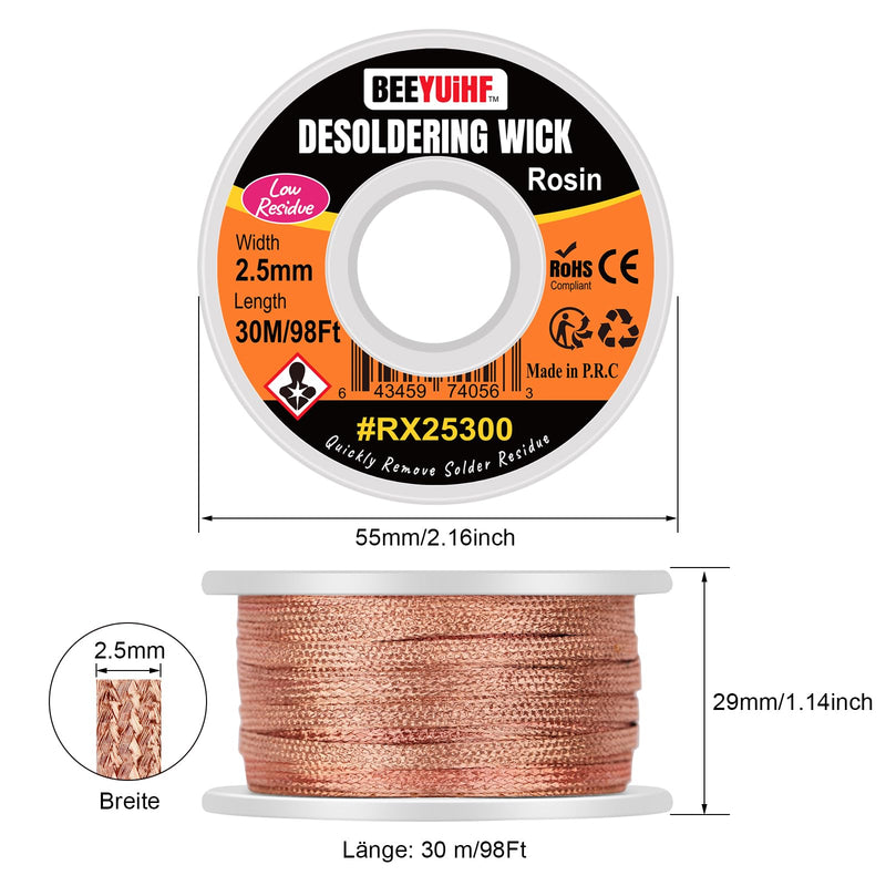 BEEYUIHF Desoldering Braid, 30M - 98ft Desoldering Wire, 2.5mm No-Clean Solder Desoldering Braid, Wicks Strands for Desoldering, Desoldering Wick for Removing Solder for Disassembling Electrical Components 30m Spool 30M - 98ft Length
