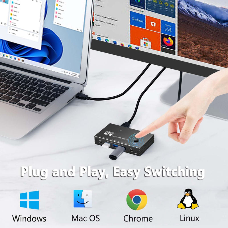 USB 3.0 Switch Selector,USB Switcher 2 Computers Sharing 3X Type A and 1x USB C Port Hub PC Mouse Keyboard Hard Drives Printer One Button Switch Adapter with Windows Mac Linux,3 Cable