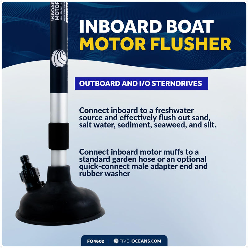 Five Oceans Inboard Motor Muff, Universal Inboard Motor Flusher, Fake a Lake - Black PVC Marine Grade Round Cup Muff, Telescoping Shaft from 18" to 30", Garden Hose Connector & Quick Connect - FO4602