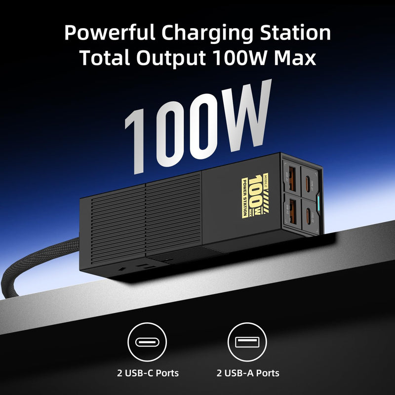 MFish 100W USB C Charger, Foldable Fast Laptop GaN Charger, 4-Port USB C Wall Charger Power Adapter Ports for MacBook Pro 16'', Dell XPS, iPhone 16/15 Pro Max, 6-in-1 Power Strip 100W-Black