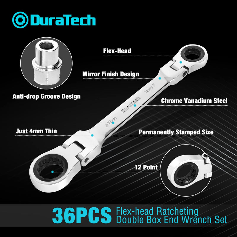 DURATECH 12-in-1 Flex-Head Ratcheting Wrench Set & 24-in-1 Screwdriver Set, Double Box End Wrench 8-19mm, 1/4" Drive Adapter with 24PCS Driver Bits, CR-V Steel, with Tool Box