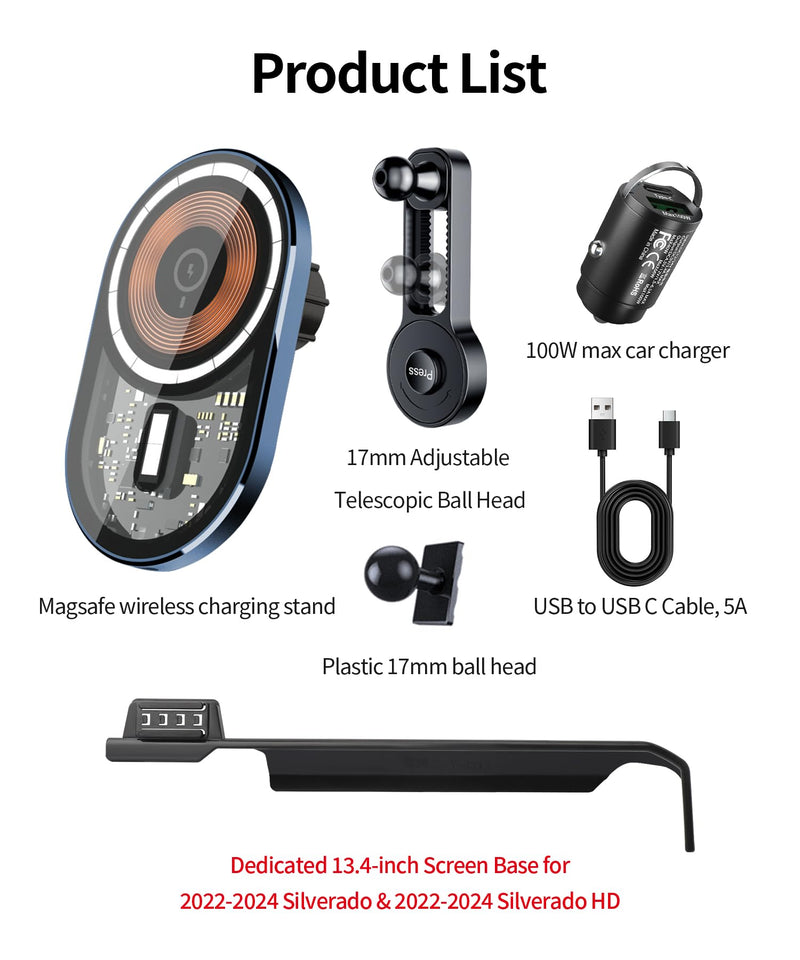 Wireless Charging car Phone Holder for Chevrolet Silverado HD 2022-2025 Accessories 13.4 inch Screen Fixed Clip,360° Rotation car Phone Mount Compatible with MagSafe