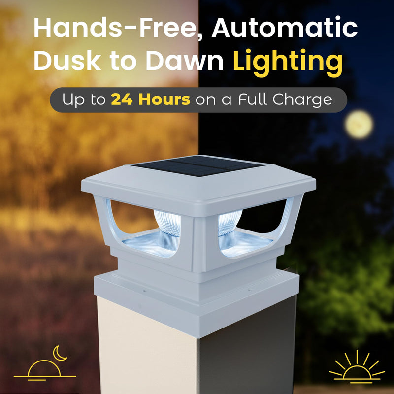 BRIGHTICONIC Solar Post Cap Lights Outdoor for 4x4, 3x3 – Auto On/Off Post Lights Solar Powered – Easy Install, IP65 Waterproof Deck & Fence Lights – Efficient 1500mAh Battery – 120 Lumen, Cool White White / Cool White 6000K - 2