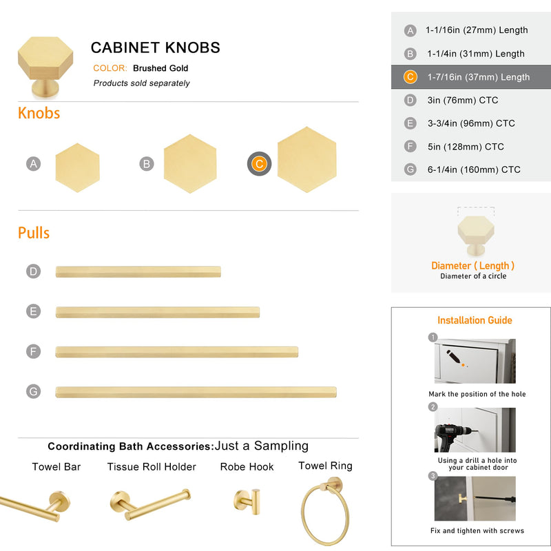 QOGRISUN 10-Pack Solid Brass Cabinet Knobs, Gold Hexagon Knobs for Dresser Drawer, 1.4-Inch Diameter, Modern Kitchen Hardware, Brushed Brass Finish