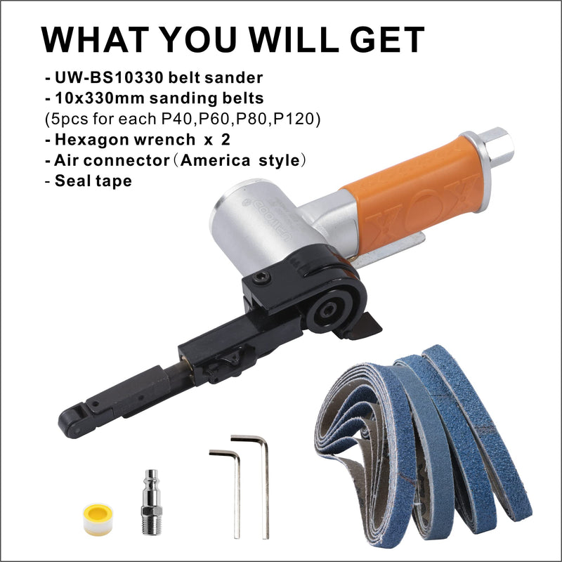 Air Belt Sander 3/8" x 13" Belt Size Pneumatic Tool with 12pc Belts (#40, #60, #80 & #120), Good for Deburring, Sanding and Finishing (3/8" x 13" Sander) 3/8 x 13" Belt Sander