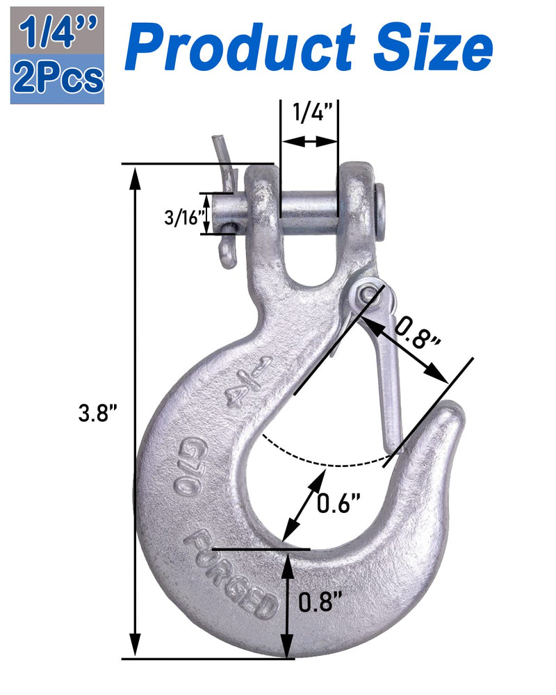 1/4 Inch Safety Chain Hooks, Clevis Slip Hook with Safety Latch, Grade 70 Forged Steel 12,600 Lb for Trailer Truck Transport Tow Winch Hook Trailer(1/4 Inch, 2 Pack) 1/4''(2Pack)