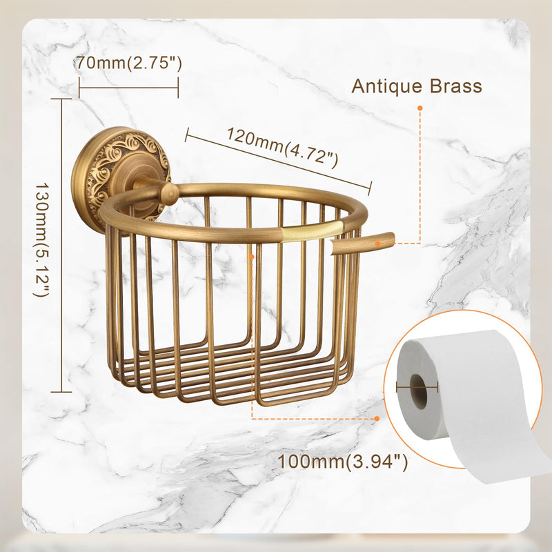 Vintage Wall-Mounted Toilet Paper Holder with Wire Basket Design, Antique Brass, Wall-Mounted Bath Hand Towel Holder with Braiding Carvings, Vintage Style. Gold Carved Hanging Basket