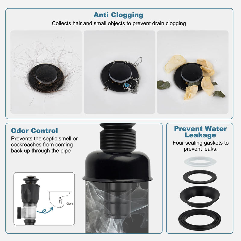 iFealClear Bathroom Sink Drain Kit, Flexible P-Trap Drain Pipe with Pop Up Stopper, Expandable Bathroom Sink Pipe Replacement with 2 Adapters, Fits 1-1/4'', 1-1/2'', 2" Holes, Hair Catcher, Black Matte Black Modern