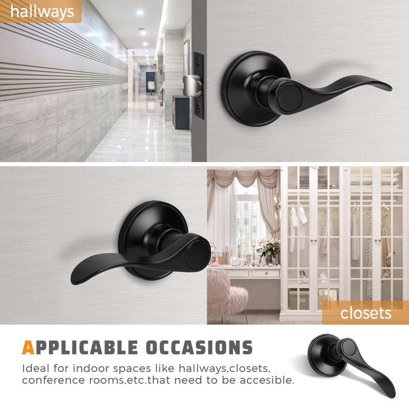 KNOBWELL 1 Pack Matte Black Finish Keyless Interior Door Handle, Classic Passage Door Lever for Hallway Closet, Non-Locking Wave Style Doorknobs with Universal Handle