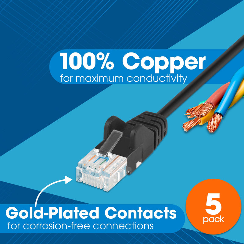 Intellinet Slim Cat6 Ethernet Network Patch Cable – 5 Pack - 10Gbps & 250MHz, Snagless Boot, 30AWG Pure Bare Copper Wire, Gold-Plated Contacts, Lifetime Mfg Warranty - 25ft, 5 Pack, Black 25 ft 5 Pack Regular Boot