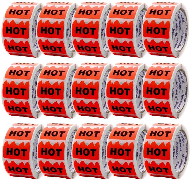 ChromaLabel 2 x 1.25 Inch Fluorescent Red Orange Flame Shaped Sticker, 500 Labels per Roll, Imprinted: Hot - Case of 15