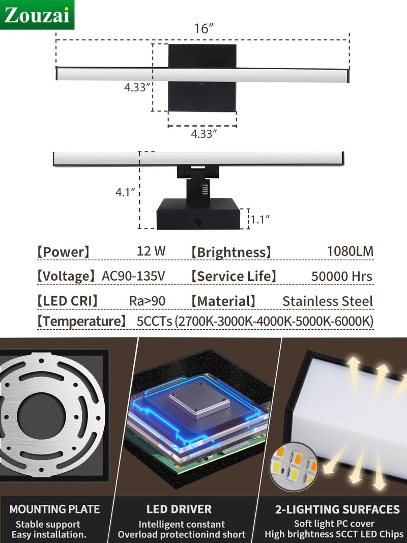 zouzai Second Generation Modern LED Bathroom Vanity Light Bar Black IP44 Over Mirror Bath Wall Fixture 5CCT Adjustable, Dual-Sided, 180° Adjustable Angle (16 inch) 16 inch