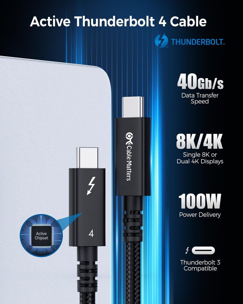 Cable Matters [Intel Certified] Braided 40Gbps Active Thunderbolt 4 Cable 6.6 ft with 100W Charging Power Delivery and 8K Video - Fully Compatible with Thunderbolt 3, USB 4 / USB4, and USB C Port Black