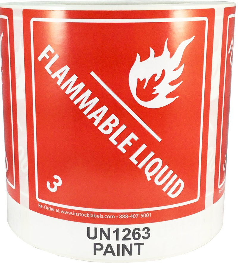 Hazard Class 3 D.O.T. UN1263 Paint Flammable Liquid Labels, 4 x 4 3/4 Inch Square Red and White Hazmat Stickers, 500 Total Adhesive Labels on a Roll – Made in the USA