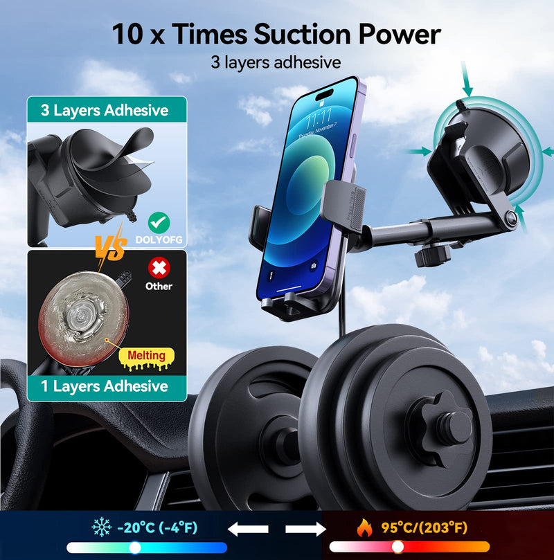 Car Phone Holder Mount, [Military-Grade Suction & Super Sturdy Base] 3 in 1 Universal Phone Mount for Car Dashboard Windshield Air Vent Hands Free Car Mount for iPhone Android Smartphone Black