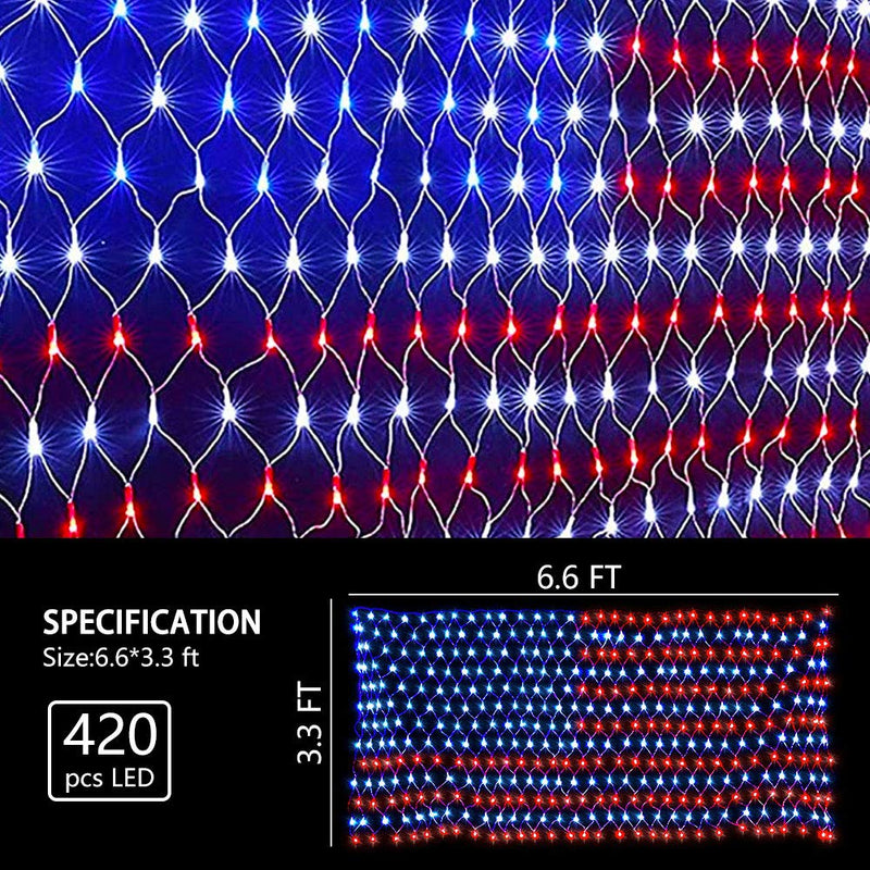 Solar American Flag Lights, 420 LED Waterproof American Flag Net Lights Independence Day Decorations 8 Modes Outdoor String Light for 4th of July Independence Day, Garden, Yard Home Decorations 6.6FT*3.3FT Solar Power+Remote