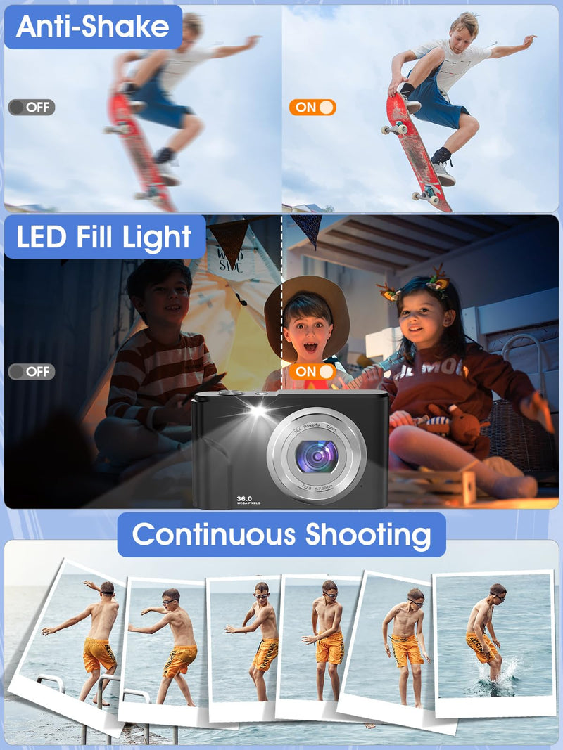 Digital Camera, 1080P Kids Digital Camera with 16X Digital Zoom, Flashlight, Compact Digital Point and Shoot Camera for Kids Children Boys Girls Beginners, 2 Batteries, Date Stamp, Black