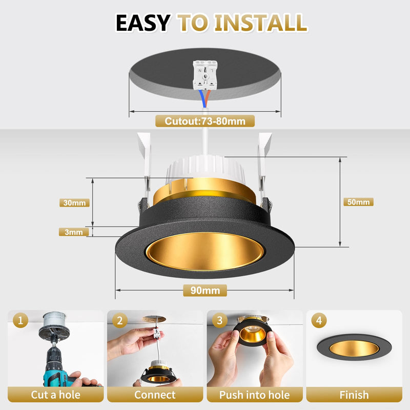 YindaLux 6x LED Recessed Spotlights 230 V Dimmable 5 W Black Gold Hole 75-80 mm | 550LM, 3CCT 3000K/4000K/6500K, 38°/120° beam angle, 45° swivel, IP44, removable LED module, deep reflector shell 6 pieces-38°/120° beam angle