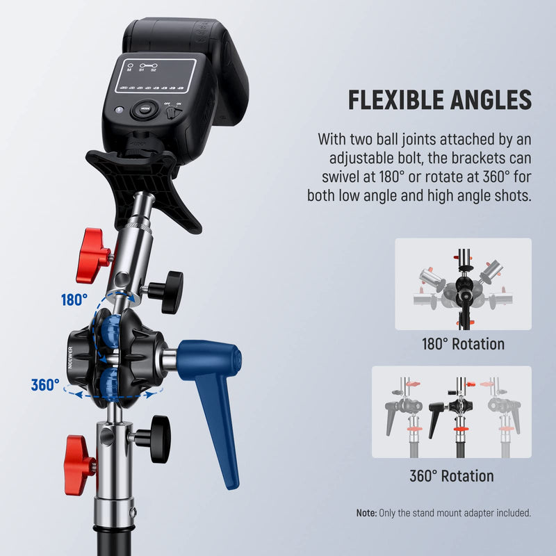Neewer Heavy Duty Light Stand Head Adapter with All Metal Dual Swivel Ball Joint, Dual 5/8'' Receivers, 1/4'' to 3/8'' Convertor Spigot Stud, 3/8'' to 5/8'' Screw, for C Stand, Max Load 14lb, UA020