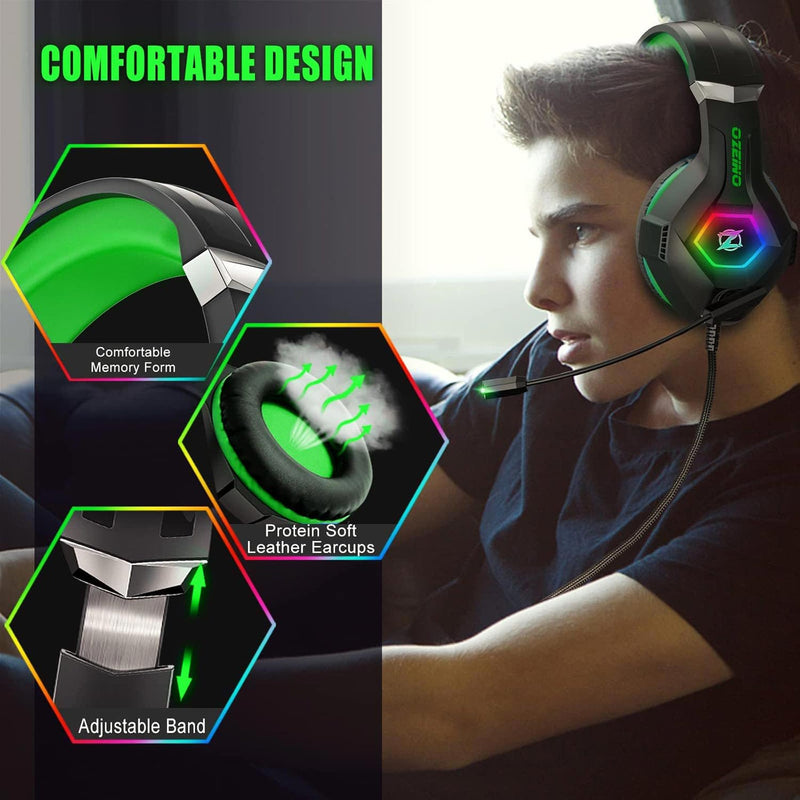 Gaming Headset for PC, PS4, PS5, Xbox Headset, Gaming Headphones with Noise Cancelling Flexible Mic RGB Light Memory Earmuffs for Xbox one, Switch, Mac -Green Green Large Wired