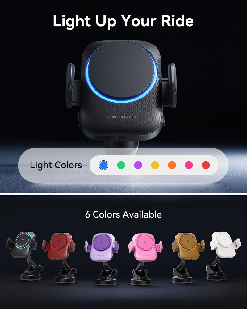INIU Qi2 Certified 15W Car Phone Holder Wireless Charger, Ultra-Stable 22N for MagSafe Car Mount Charger with Cooling Fins & RGB Lighting for iPhone 16/15/14/13/12 Series, Yellow