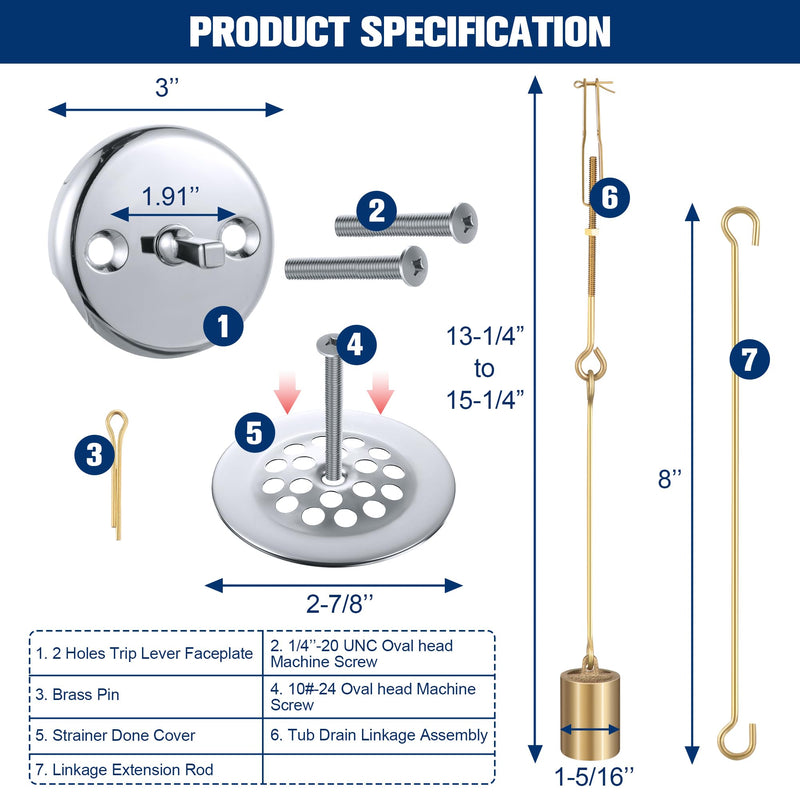 Enhon Universal Bath Tub Drain Linkage Assembly with Trip Lever and Strainer Done Cove, Bathtub Drain Kit, Fit for Trip Lever Bath Tub Waste and Overflow Draining(Chrome) Chrome