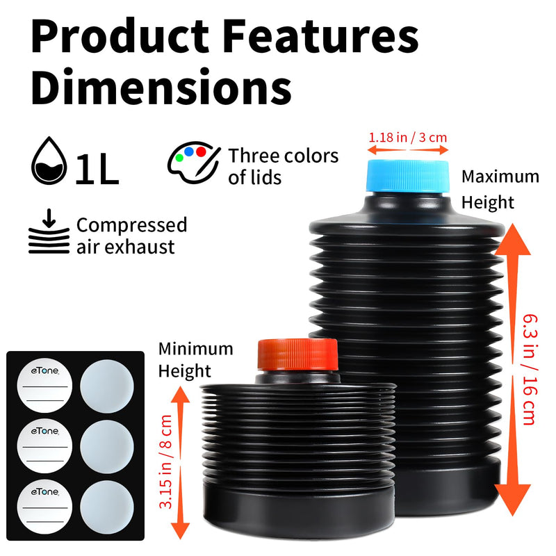 eTone 3X 1000ml Collapsible Darkroom Chemical Storage Bottles Foldable Liquid Container Film Photo Developing Processing Equipment Anti Oxidation Storage Laboratory Accessories