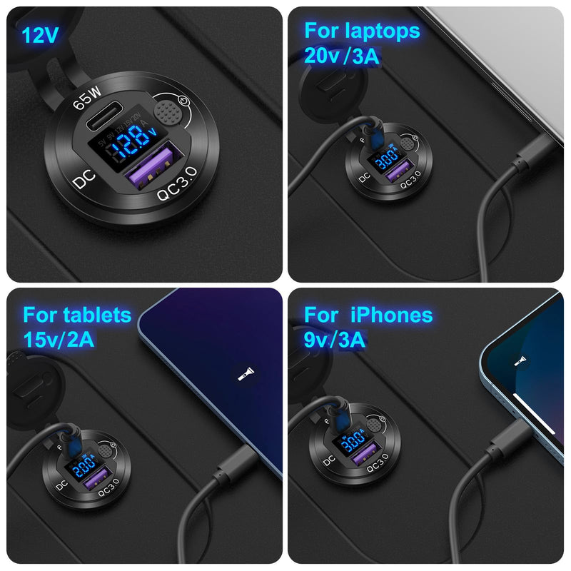 12V USB Outlet Aluminum Car Charger PD65W Car USB Port for Laptops, Quick Charge 3.0 USB Port for Car, Built-in Boost 15V 20V Output Socket Waterproof with Voltmeter and Switch for RV Marine Boat, etc