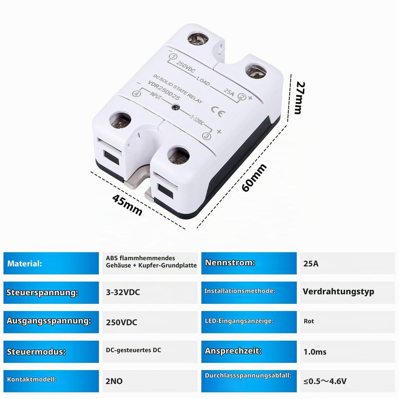 Solid State Relay 25A Single Phase Solid State Relay SSR 3-32VDC Controls 0-250VDC High Voltage DC Relay White