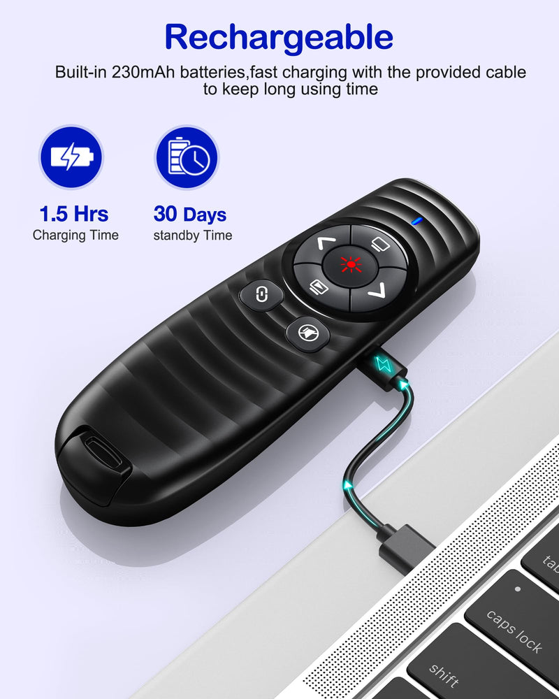 Wireless Presentation Clicker, Powerpoint Clicker Remote with Laser Pointer,Rechargeable Presentation Remote with Hyperlink & Volume Control for PowerPoint, Mac, Computer, Laptop Red Light-Rechargeable