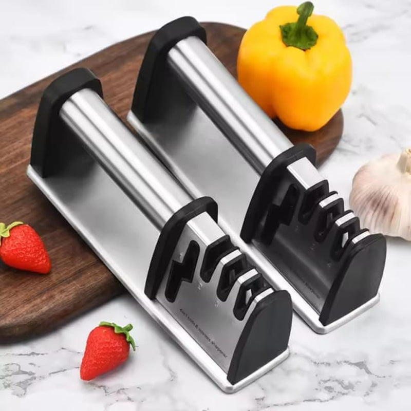 Knife Sharpener, 4 in 1 Knife and Scissors Sharpener, Stainless Steel Sharpening Tool for Kitchen Knives with Non Slip Rubber Base, Ergonomic Handle, Compact Design, Durable Build, Black
