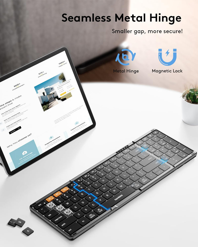 Samsers Foldable Bluetooth Keyboard with Numeric Keypad, Full-Size Wireless Folding Keyboard with PU Leather, Portable Travel Keyboard for iOS Android Windows Mac OS, Support 3 Device(BT5.1 x 3) Space Gray
