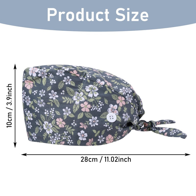 Pack of 3 Women's Adjustable Surgical Caps, Fabric with Button, Cotton Flat Cap, Plain Flower Style, Work Cap, Scrubbing Hat, Work Hat for Doctors, Nurses (2) 2 UK