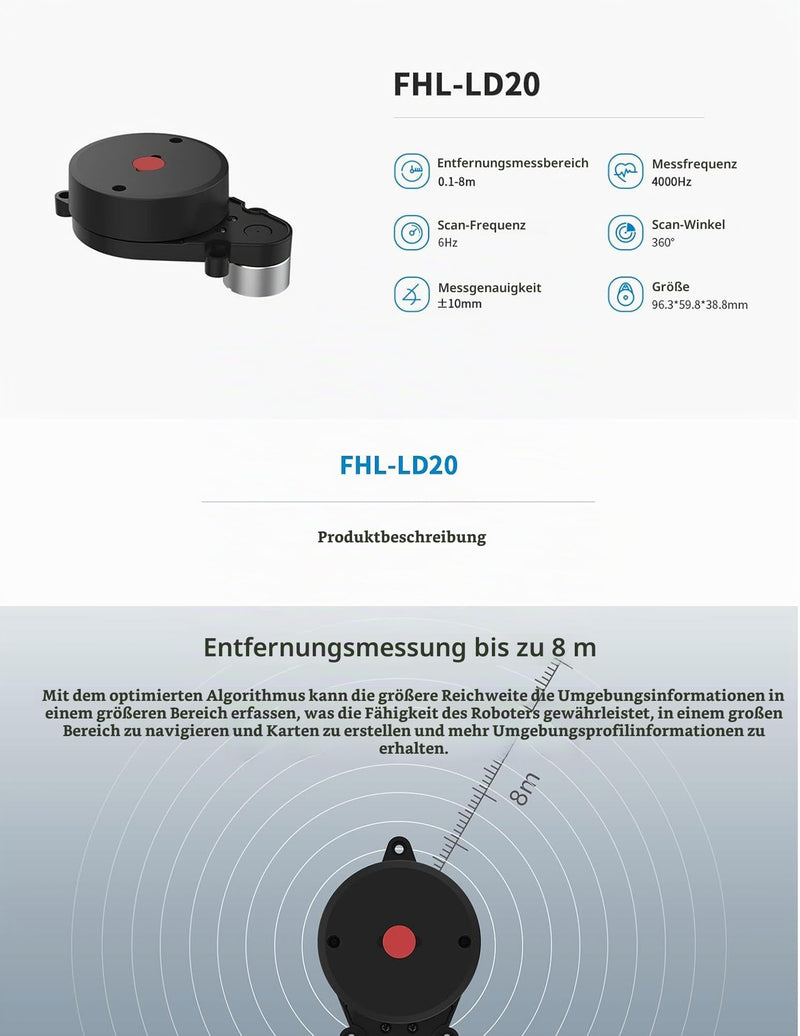 youyeetoo FHL-LD20 8 m 360° Lidar Sensor Offers Compatible Avec Raspberry Pi C/ROS1 & 2 Tutorial, Triangulated LD20 LiDAR, Software Start/Stop Control (LD20 Lidar Kit)