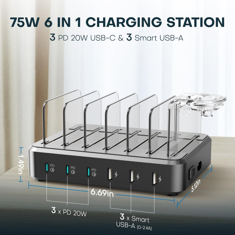 Charging Station for Multiple Devices,75W 6 Port Charger Station with 3 PD 20W USB C Fast Charging Ports,7 Charging Cables,USB C Charging Dock for iPhone iPad,Tablets Android Black