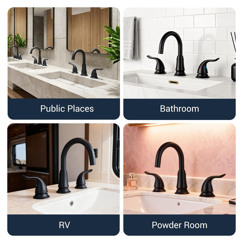 KPW Matte Black Bathroom Faucet 3 Hole, 8 Inch Widespread Bathroom Sink Faucet with Pop-up Drain Assembly and Supply Lines, Two Handle for Lavatory, Restroom