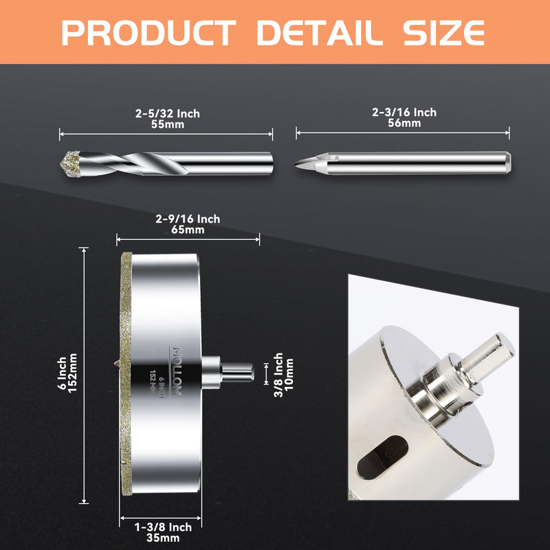 Mollom 6" (152mm) Diamond Hole Saw with 2Pcs Removable Pilot Drill Bit Smooth Cutting for Porcelain Tiles,Glass,Ceramic,Marble,Fiberglass,etc 152mm | 6" Single Pack